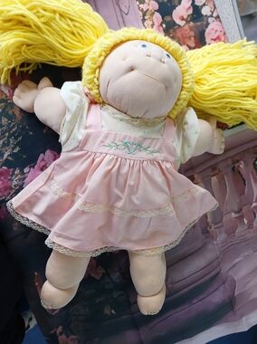 Soft Plush Rag Doll in Pink Dress with Yellow Yarn Hair